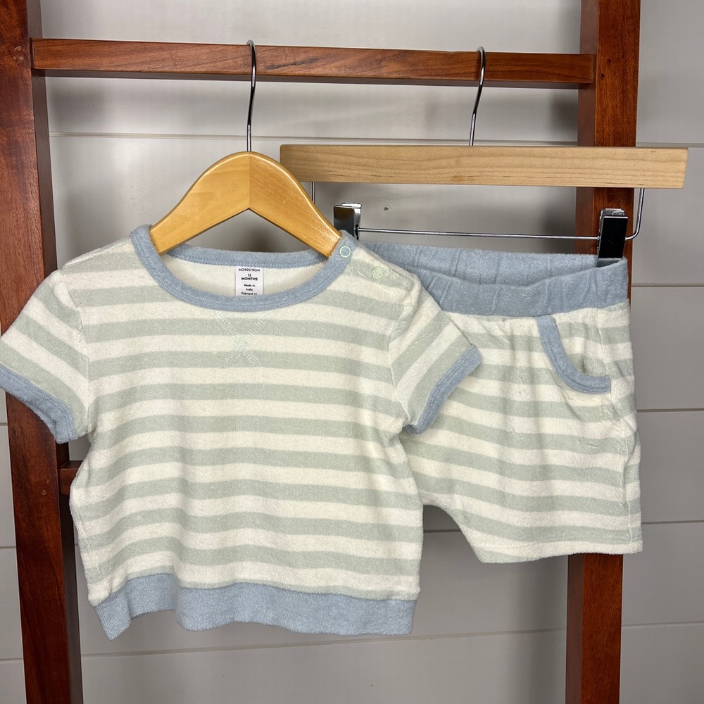 Striped Terry Cloth Matching Set in Blue, Light Green and Cream